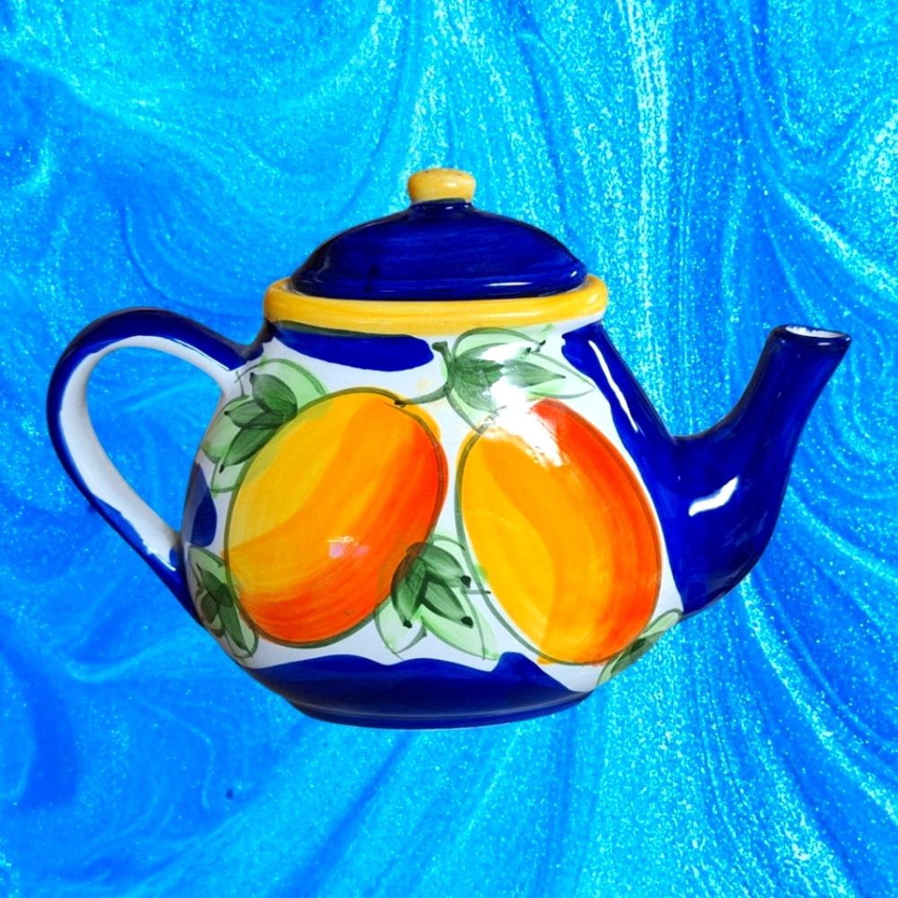 Vibrant Blue and Orange Ceramic Teapot